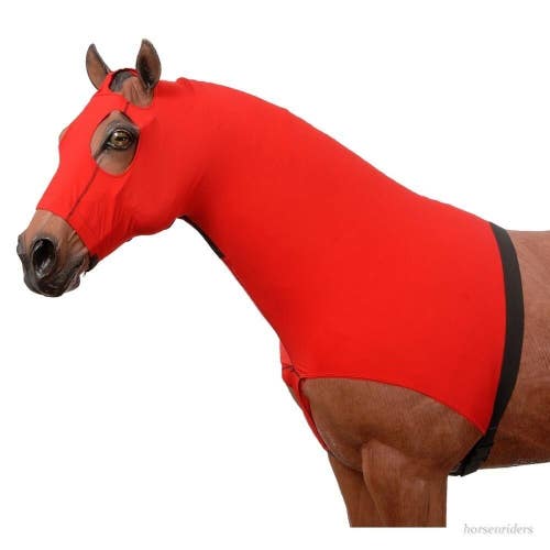 Showman XL 81"-84" RED lycra mane stay/sleazy slicker hood w/zipper