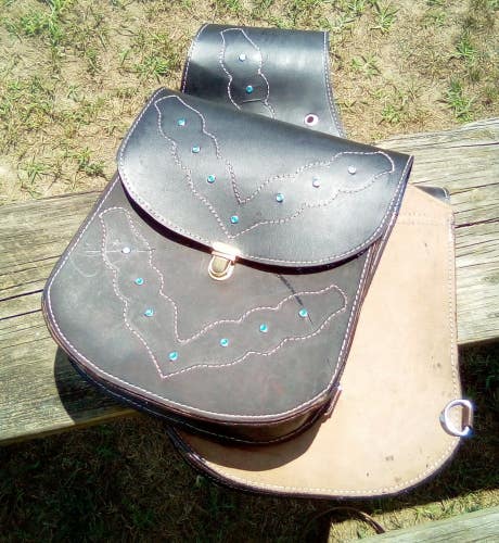 #2 Deluxe Black saddle bags w/Turquoise crystals & brass buckle
