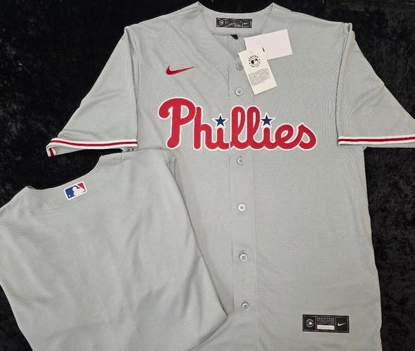 PHILADELPHIA PHILLIES Sewn 100% Real Baseball Jersey NWT GRAY $115