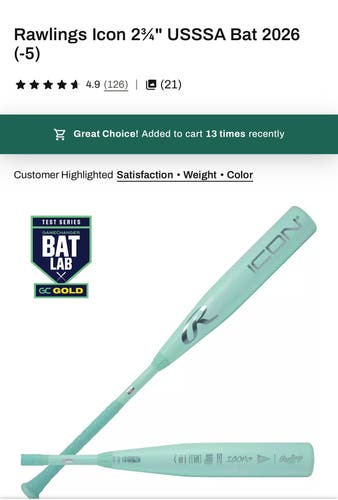 2026 Rawlings Icon Composite USSSA Certified Bat (-5) 26 oz 31" (New)