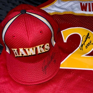 Signed Dominique Wilkins Throw-Back Hardwood Classics Atlanta Hawks Jersey with a Signed Hat