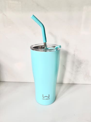 Wellness Double Wall Stainless Steel Tumbler with Straw Aqua powder 30oz 900 ml