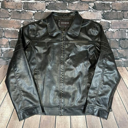 Vintage Guess Men's Classic Brown Leather Moto Bomber Biker Jacket Size Large L