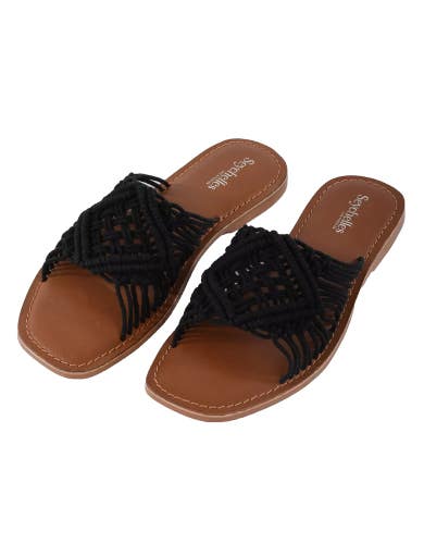 Seychelles Mahogany Flat Sandals Womens Black Squared Toe Slip On Slide HTAT1230