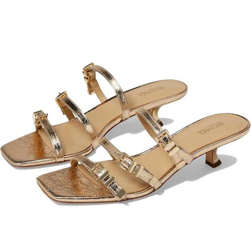 Michael Kors Darrington Sandals Women's 7.5 M Gold Leather Kitten Heel HTAT1242