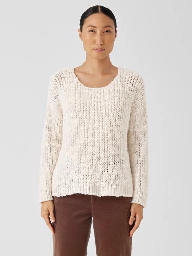 Eileen Fisher Peruvian Sweater Women L White Organic Cotton Knit Pullover NLW241