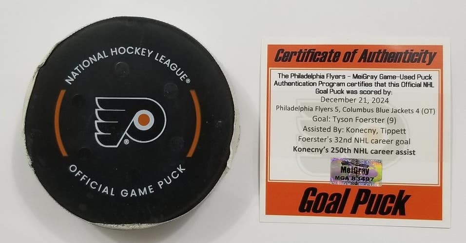 12-21-24 TYSON FOERSTER Philadelphia Flyers vs Columbus NHL Game Used GOAL Puck
