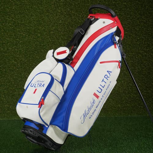 Premium Michelob ULTRA Stand Golf Bag White Blue Red 6-Way Divider W/Rainhooid