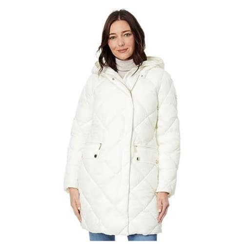 Michael Kors Puffer Jacket Women's Large Bone Quilted Full Zip Hooded FROG332