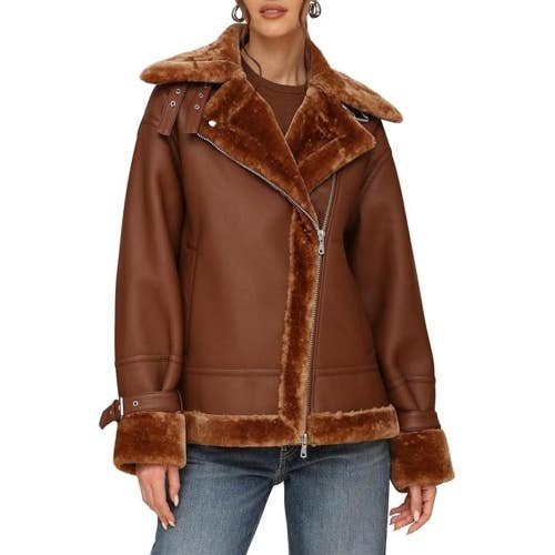 Avec Les Filles Moto Coat Women's Brown Leather Oversized Faux Shearling FROG309