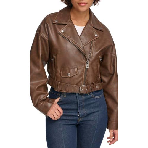 Levi's Belted Crop Moto Jacket Women's XL Saddle Faux Leather Full Zip FROG523