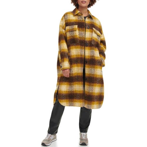 Levi's Longline Shirt Jacket Women's M Yellow Brown Plaid Button Front FROG330