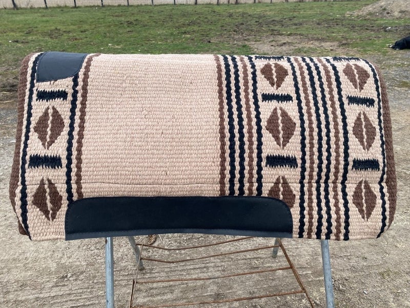 Tan w/brown, black wool cutter style Western saddle pad w/fleece 32 X 34