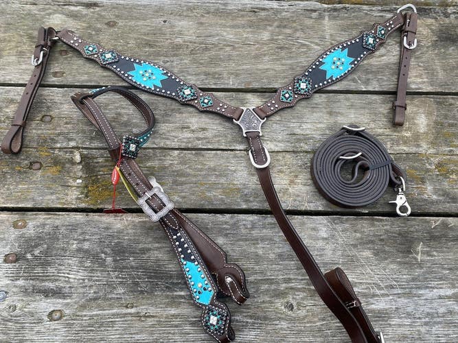 Showman brown Western breast collar/headstall set w/teal & black Aztec accents