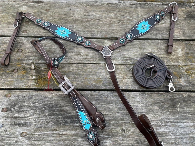 Showman brown Western breast collar/headstall set w/teal & black Aztec accents