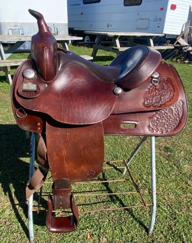 Used 15" Big Horn Western trail saddle 1575 w/corner tooled leather US made
