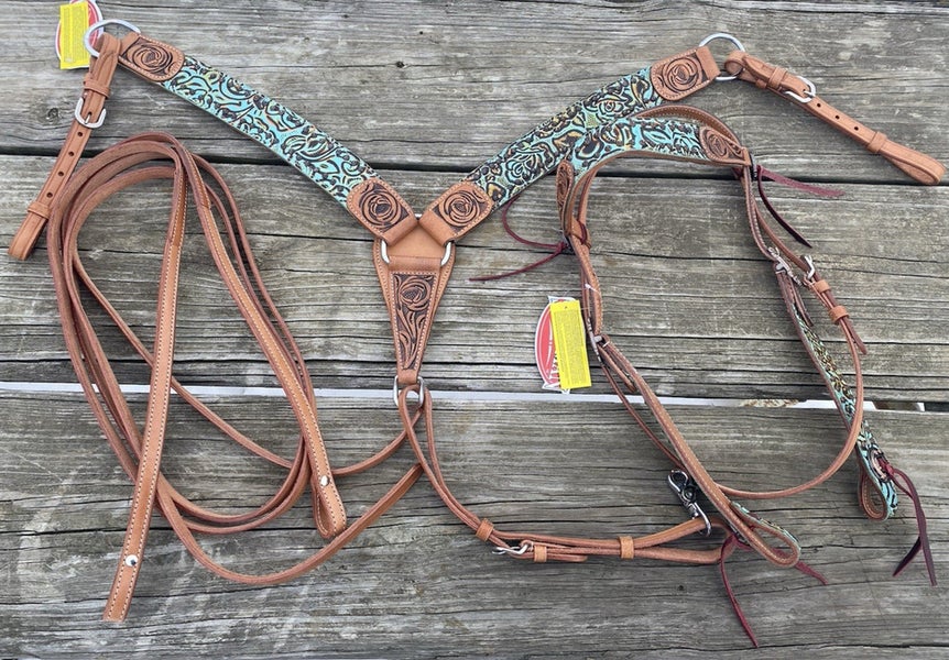 Teal Rustic Rose Western headstall/breast collar set w/reins