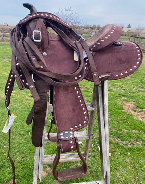 12" Equi- suede white buckstitched Western barrel saddle w/matching tack