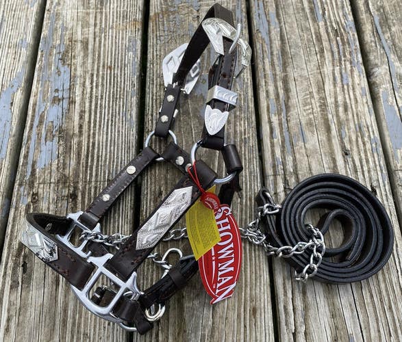 Miniature  horse size Western show halter w/raised diamond silver overlay, lead