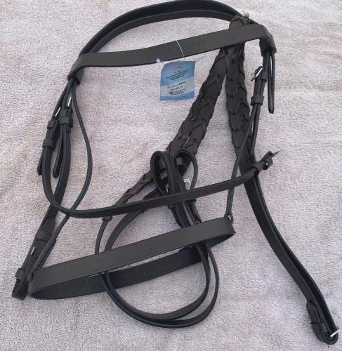 Dark brown cob size flat leather English bridle w/laced reins