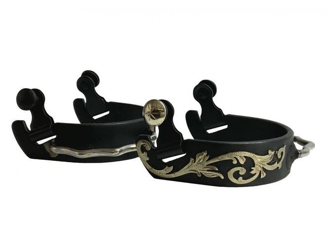 Black steel Western bumper spurs w/German silver floral overlay