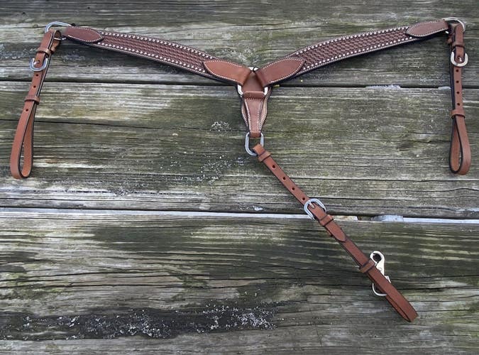 Silver studded basket stamped contoured Agentine leather Western breast collar
