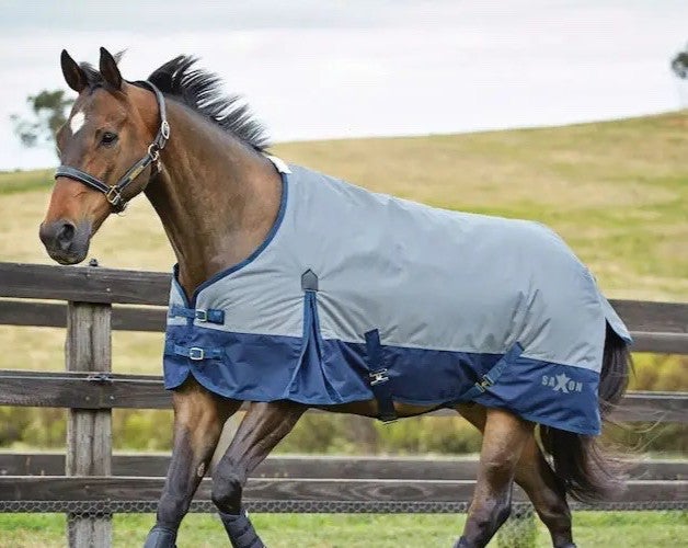 600d 54" Saxon gray/navy blue medium weight waterproof turnout blanket