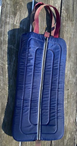 Used navy blue padded bridle / halter bag / carrier w/embroidered back