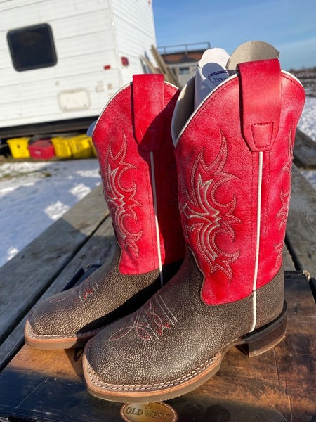Child 9.5 brown leather square toe Old West cowboy boots w/red shaft