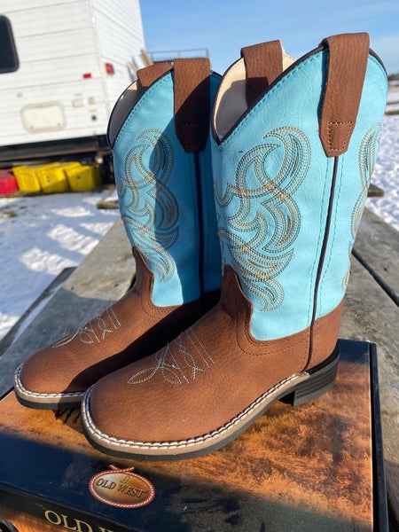 Child 11.5 brown leather square toe Old West cowboy boots w/turquoise shaft