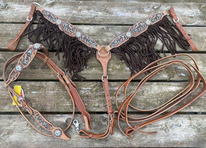 Wild Prairie Fringed/tooled Western headstall/breastcollar set w/crystal conchos