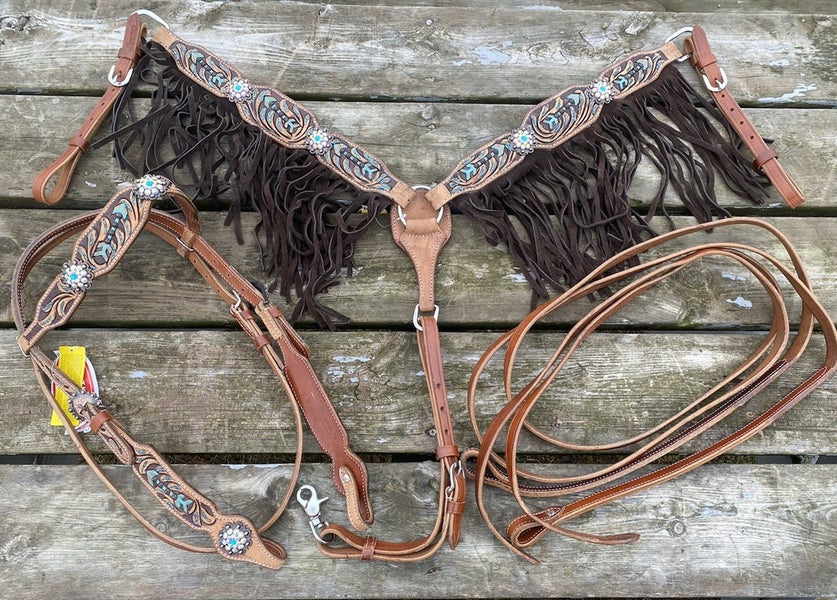 Wild Prairie Fringed/tooled Western headstall/breastcollar set w/crystal conchos