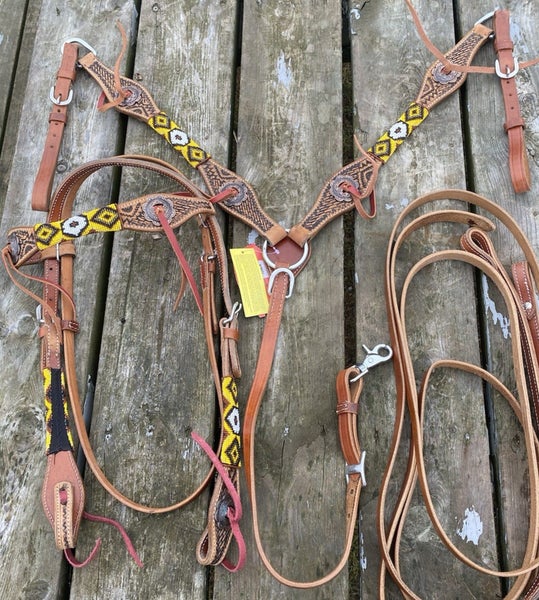 Yellow/white Southwest beaded Western headstall/ breastcollar set w/reins