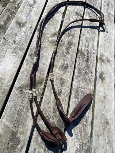 Rolled Argentine leather quick change Romel  reins w/braided rawhide accents