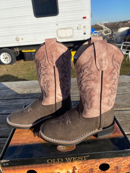 Child size 1 brown leather square toe Old West cowboy boots w/dusty pink shaft
