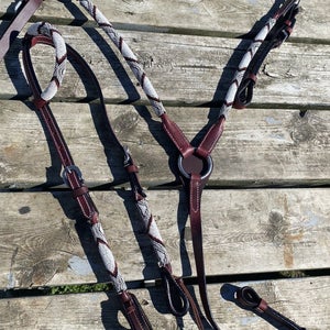 White/silver/burgundy beaded rolled leather Western headstall/breast collar set