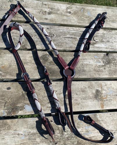 White/silver/burgundy beaded rolled leather Western headstall/breast collar set
