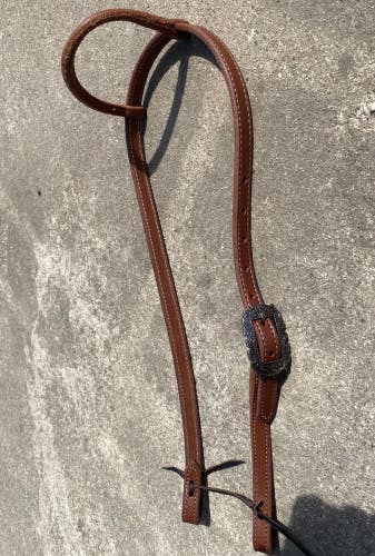 Stitched 1 ear harness leather Western headstall w/antique square buckle US made
