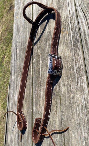 Amish made 1" barb wire tooled brown Western headstall w/Watt square buckle