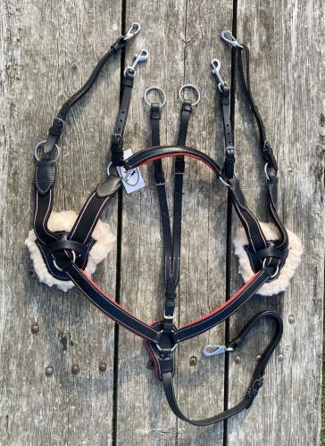Pony 5-point black leather/elastic English saddle breastplate w/red padding