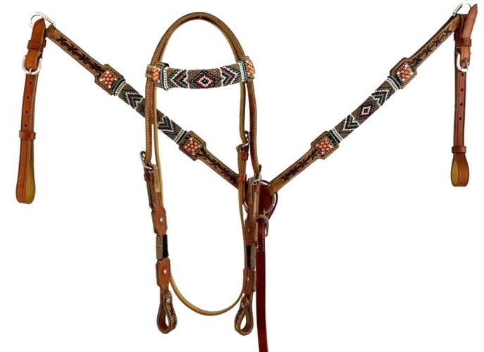 Tan/turquoise/red beaded Western browband headstall/ breastcollar set w/reins