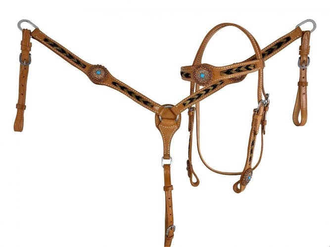 Western headstall/breast collar set w/copper conchos, braided horse hair