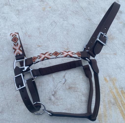 Gold, coral, white beaded leather horse size halter