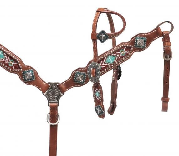 Teal/ brown beaded PONY Western breast collar/headstall/rein set w/cross conchos