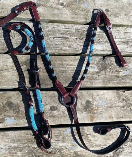 Turquoise/silver/black beaded rolled leather Western headstall/breast collar set