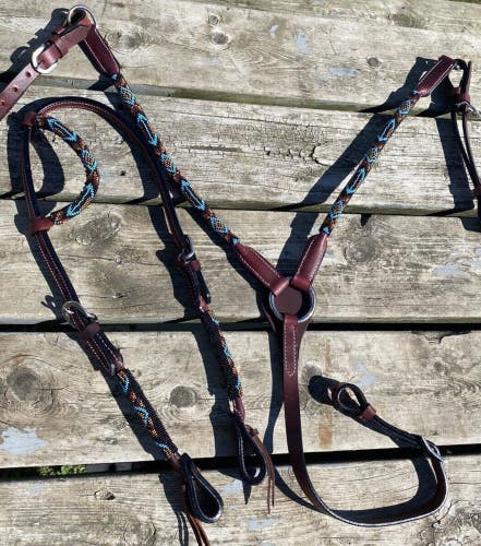 Blue/tan/burgundy/black beaded leather Western headstall/breast collar set