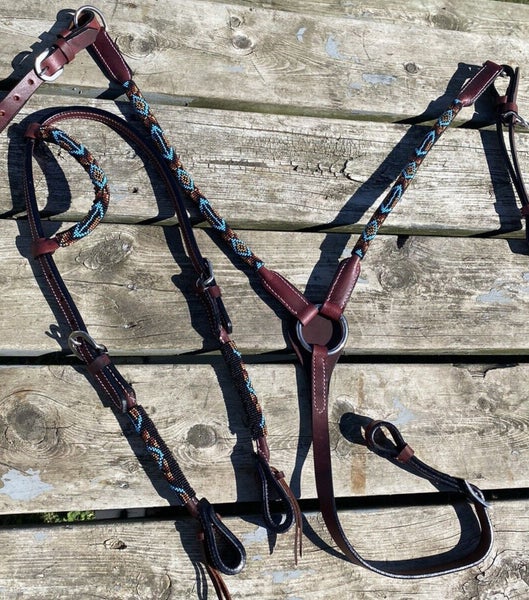 Blue/tan/burgundy/black beaded leather Western headstall/breast collar set