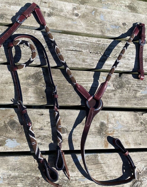 Gold/black/white beaded & rolled leather Western headstall/breast collar set