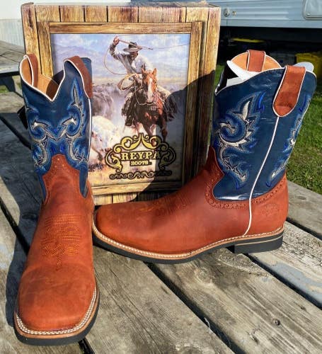 Men's 12.5 Reypa Shedron square toe Western / cowboy boots blue / cognac