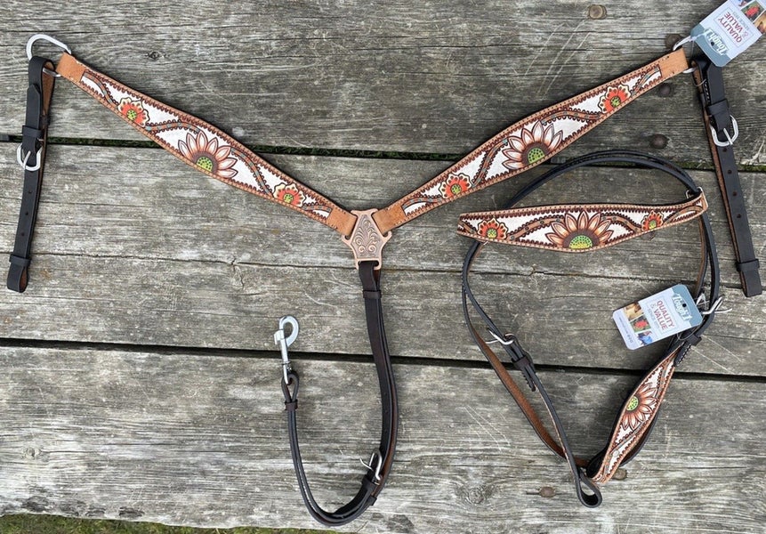Tough 1 white/brown coral flower Western headstall/breast collar set